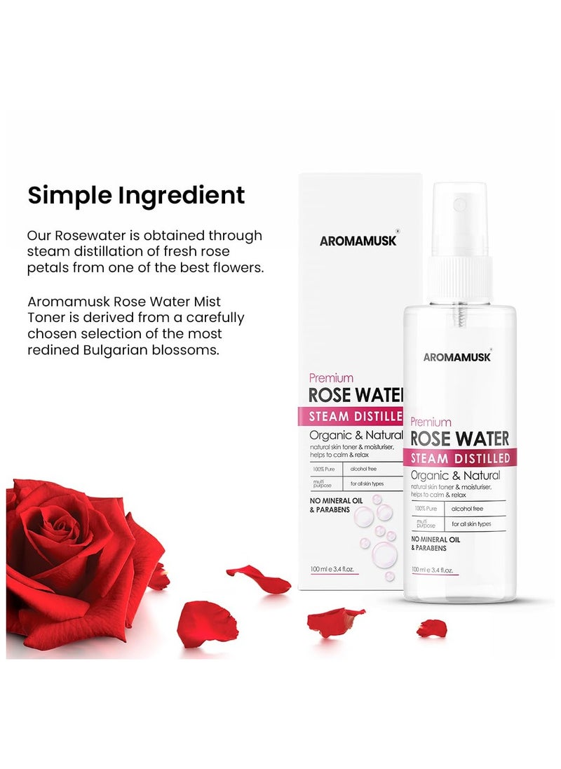 AromaMusk - AromaMusk 100% Organic and Natural Premium Rose Water/Skin Toner (Gulab Jal) For Face and Skin, 100ml (Steam Distilled, No Alcohol, Chemical and Paraben Free) - Image 1