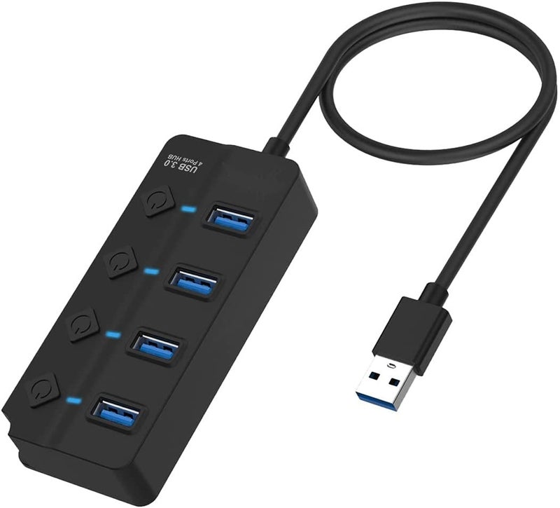 VIBOTON USB Hub, 3.0 for PC, Laptop, 4-Port USB 3.0 Hub with Individual Power Switches and Lights, 0.27m Cable, High Speed Extension for PC, Laptop and More (Black) - Image 1
