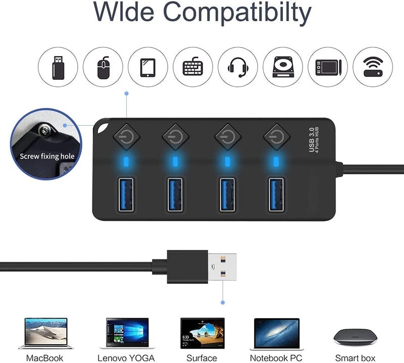 VIBOTON USB Hub, 3.0 for PC, Laptop, 4-Port USB 3.0 Hub with Individual Power Switches and Lights, 0.27m Cable, High Speed Extension for PC, Laptop and More (Black) - Image 3