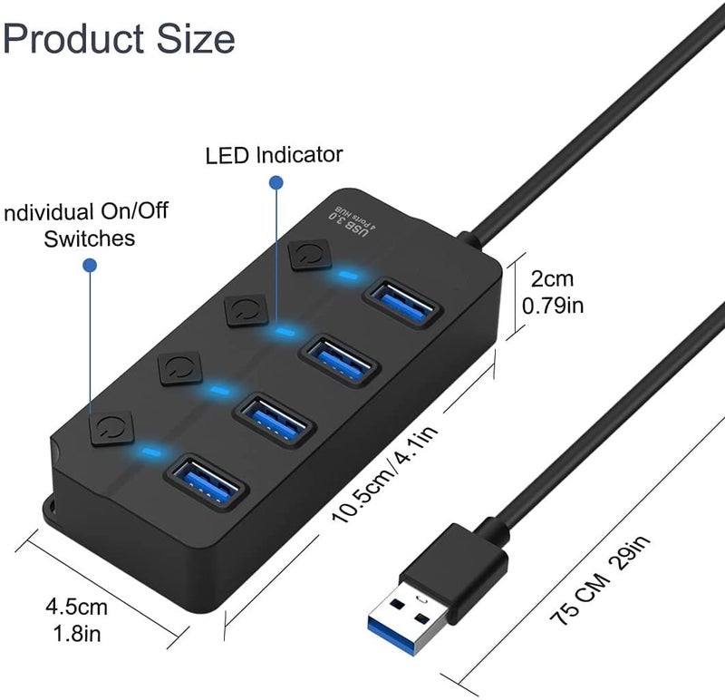 VIBOTON USB Hub, 3.0 for PC, Laptop, 4-Port USB 3.0 Hub with Individual Power Switches and Lights, 0.27m Cable, High Speed Extension for PC, Laptop and More (Black) - Image 4