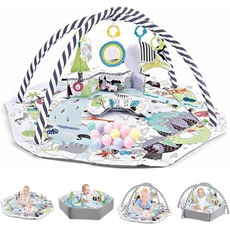 VUCATIN Baby Gym Play Mat Baby Floor Mat Activity Gym Playmat Stage-Based Developmental Activity Gym Play Mat for Baby to Toddler with 5 Hanging Toys and 18 Ocean Balls grey - Image 1