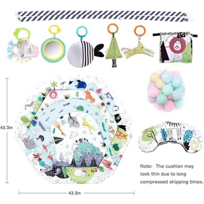 VUCATIN Baby Gym Play Mat Baby Floor Mat Activity Gym Playmat Stage-Based Developmental Activity Gym Play Mat for Baby to Toddler with 5 Hanging Toys and 18 Ocean Balls grey - Image 2