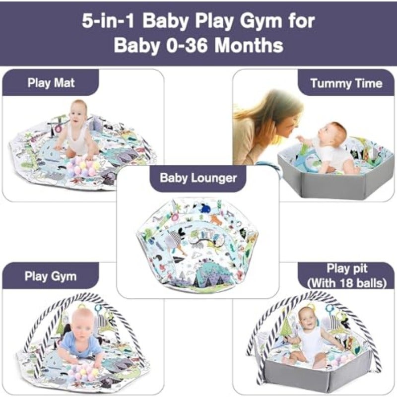 VUCATIN Baby Gym Play Mat Baby Floor Mat Activity Gym Playmat Stage-Based Developmental Activity Gym Play Mat for Baby to Toddler with 5 Hanging Toys and 18 Ocean Balls grey - Image 4