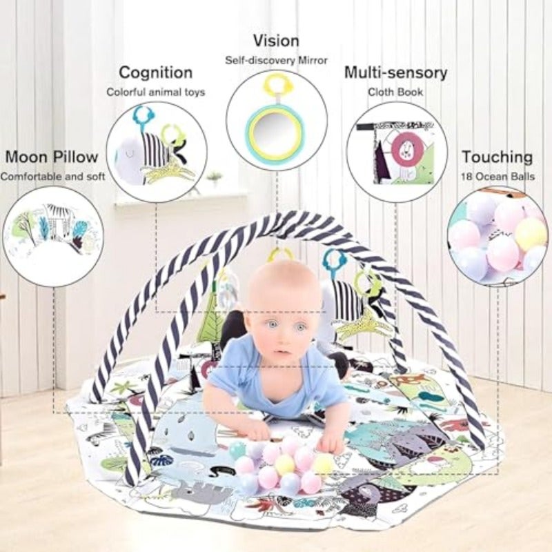 VUCATIN Baby Gym Play Mat Baby Floor Mat Activity Gym Playmat Stage-Based Developmental Activity Gym Play Mat for Baby to Toddler with 5 Hanging Toys and 18 Ocean Balls grey - Image 3