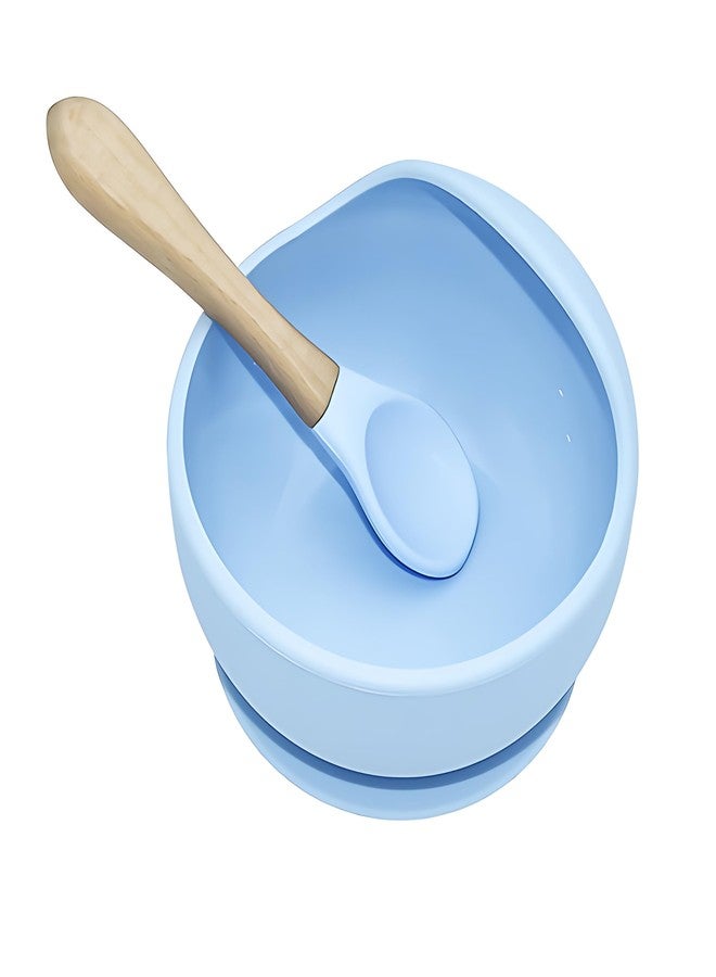 yomith Silicone Baby Food Bowl with Wooden Handle Spoon, Flexible Food-Grade Silicone, Big Super Suction Base, Non-Slip, Kids Training Feeding Tableware Eating Bowl (Sky Blue 1PCS) - Image 1