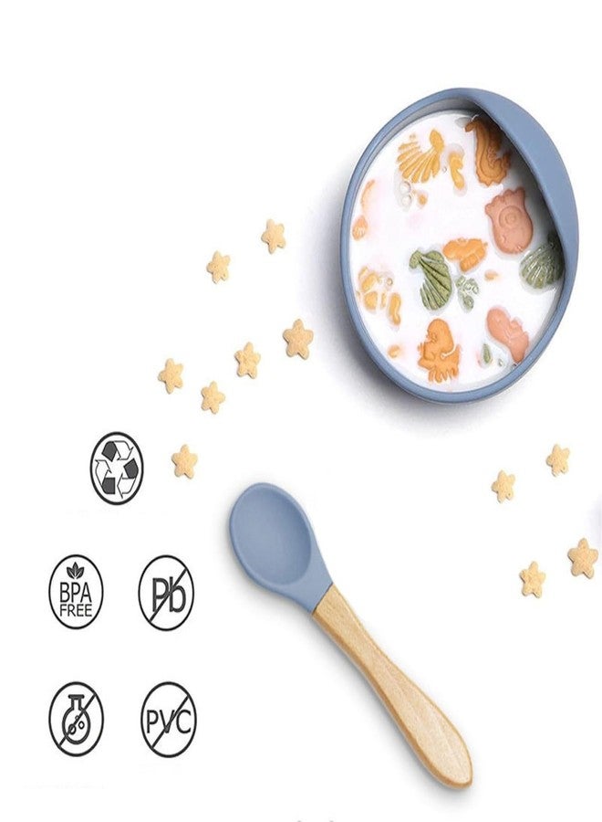 yomith Silicone Baby Food Bowl with Wooden Handle Spoon, Flexible Food-Grade Silicone, Big Super Suction Base, Non-Slip, Kids Training Feeding Tableware Eating Bowl (Sky Blue 1PCS) - Image 2