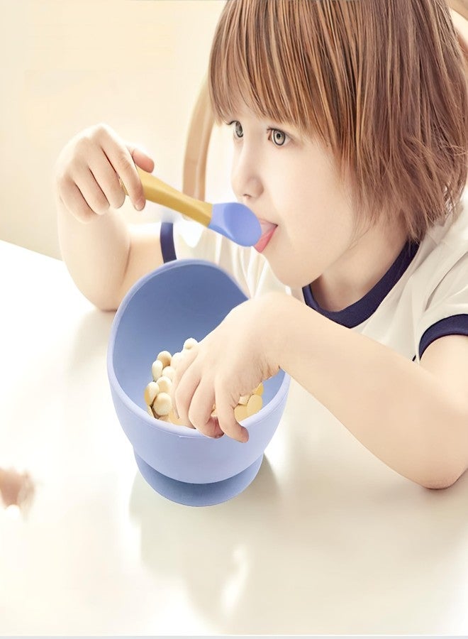 yomith Silicone Baby Food Bowl with Wooden Handle Spoon, Flexible Food-Grade Silicone, Big Super Suction Base, Non-Slip, Kids Training Feeding Tableware Eating Bowl (Sky Blue 1PCS) - Image 3