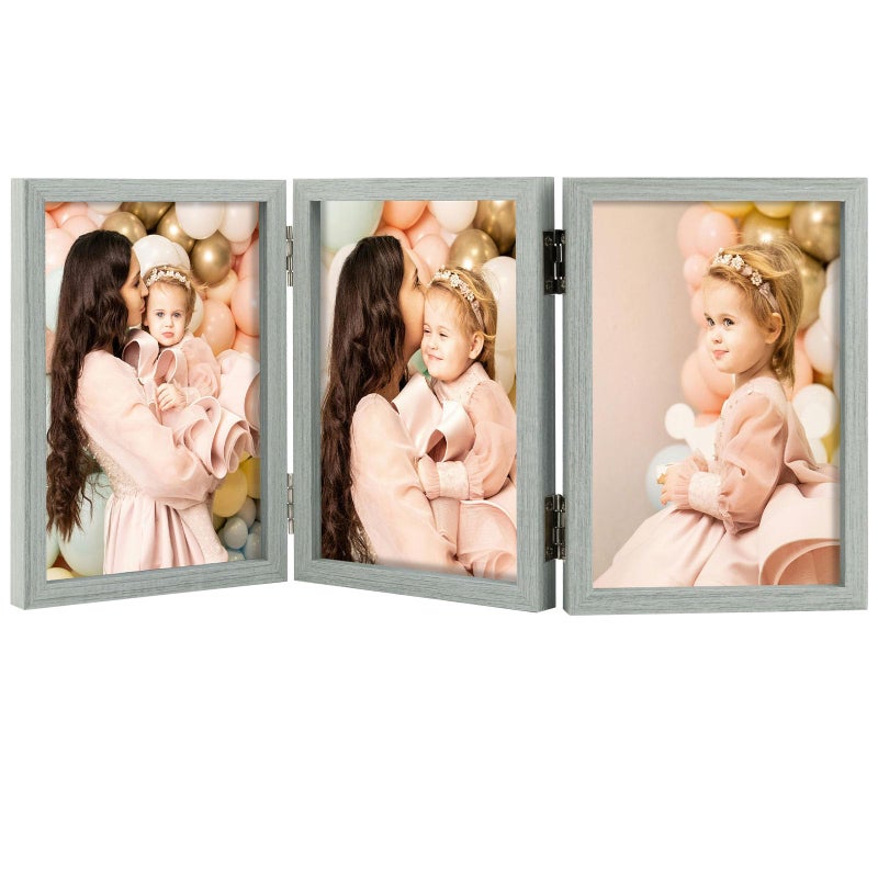 Space Art Deco 4x6 Triple Hinged Frames  3 Folding Picture Frame  Triptych Photo Frame  Stand Vertically on Desktop or Tabletop  Grey - Image 1