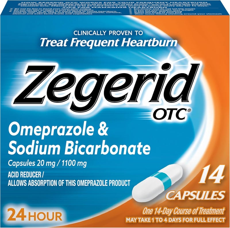 Zegerid OTC Zegerid OTC 24-Hour Heartburn Relief, The Only Proton Pump Inhibitor with Omeprazole 20mg + Sodium Bicarbonate, Treats Frequent Heartburn, 14ct Capsules 