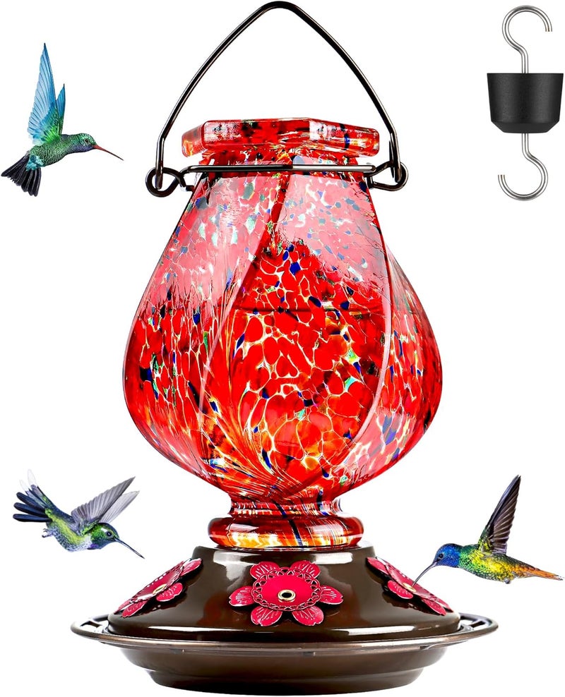 BOLITE Hummingbird Feeder, 18058R Hand Blown Glass Hummingbird Feeders for Outdoors Hanging, 22 Ounce, 5 Feeding Ports with Perch, Red - Image 1