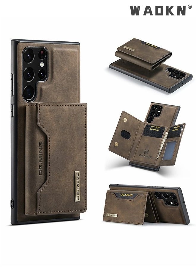WAOKN Samsung Galaxy S23 Ultra 2 in 1 Clutch Wallet, Vintage Slim Leather Case Magnetic Detachable Tri-Fold Wallet, S23 Ultra 6.8" Leather Case with Card Holder Pocket Slim Case(Brown)  - Image 1
