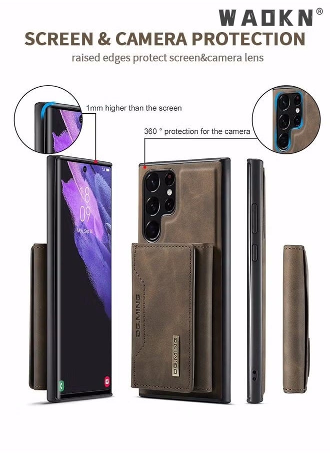 WAOKN Samsung Galaxy S23 Ultra 2 in 1 Clutch Wallet, Vintage Slim Leather Case Magnetic Detachable Tri-Fold Wallet, S23 Ultra 6.8" Leather Case with Card Holder Pocket Slim Case(Brown)  - Image 2