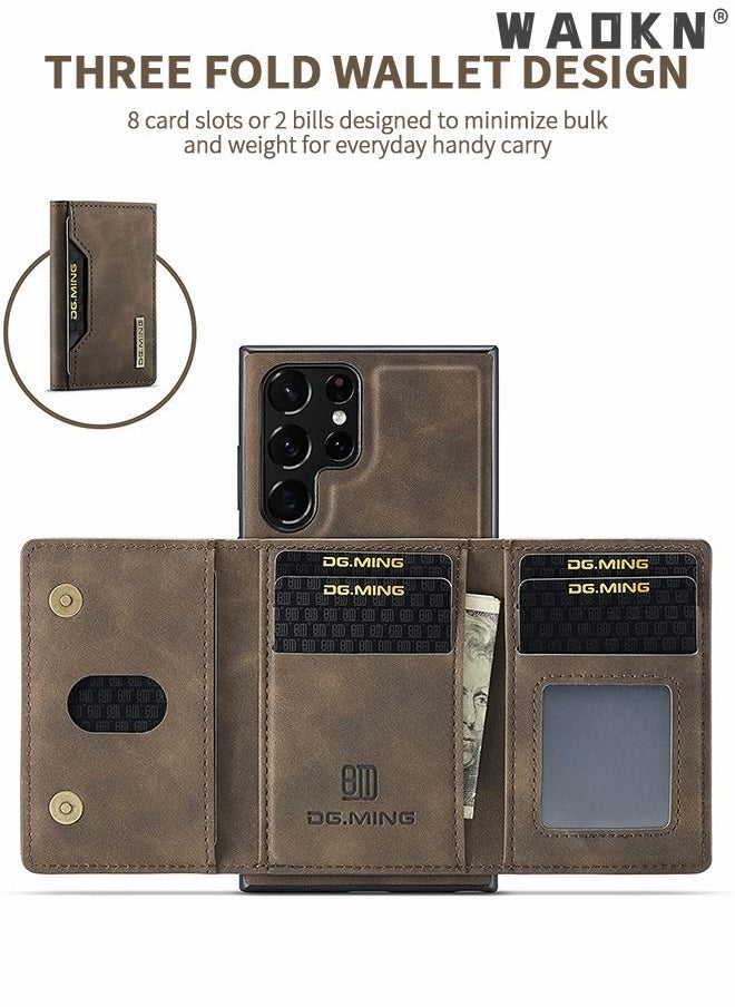 WAOKN Samsung Galaxy S23 Ultra 2 in 1 Clutch Wallet, Vintage Slim Leather Case Magnetic Detachable Tri-Fold Wallet, S23 Ultra 6.8" Leather Case with Card Holder Pocket Slim Case(Brown)  - Image 5