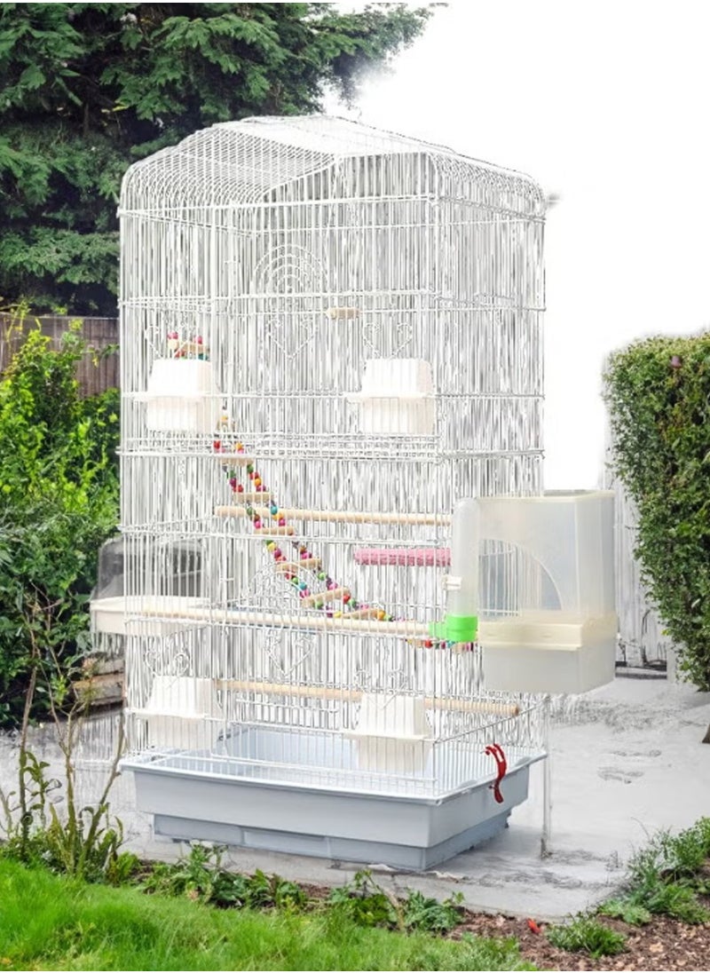 Large Bird Cage Multi-purpose Aviary Spacious Parrot Cage with Removable Tray Feeder and Drinker with Wooden Stand Bar Suitable for Birds White