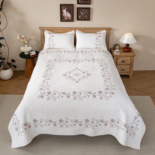 meadow park Embroidery Quilt Set 3-Piece Prewashed. 100% Cotton. Embroidery and Allover Quilting. King Size Bed Spread. Ivory Color. - Image 5