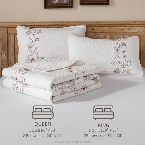 meadow park Embroidery Quilt Set 3-Piece Prewashed. 100% Cotton. Embroidery and Allover Quilting. King Size Bed Spread. Ivory Color. - Image 3