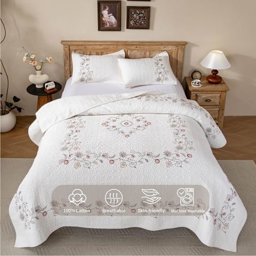 meadow park Embroidery Quilt Set 3-Piece Prewashed. 100% Cotton. Embroidery and Allover Quilting. King Size Bed Spread. Ivory Color. - Image 2
