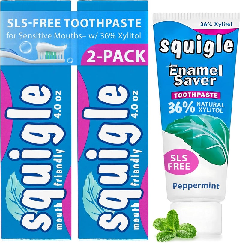 Squigle Enamel Saver Toothpaste 36 Xylitol Contains Fluoride SLS Free Prevents Mouth Ulcers Canker Sores Bad Breath Perioral Dermatitis Chapped Lips Soothes Protects Dry Mouths 2 Pack - Image 1