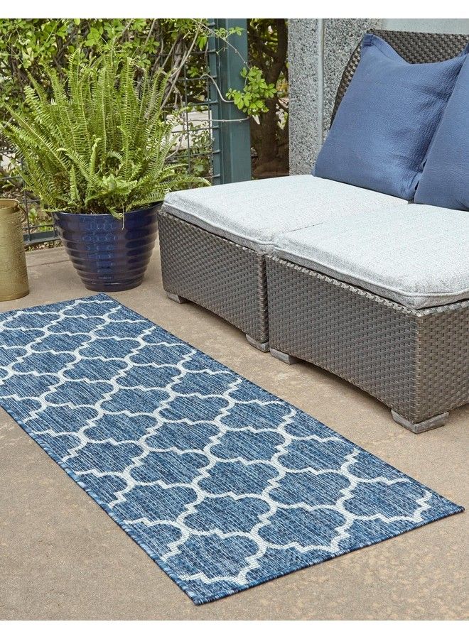 Unique Loom سجادة خارجية من مجموعة Trellis Collection (2' X 6' 1' Runner باللون الأزرق الداكن والعاجي) - Image 4