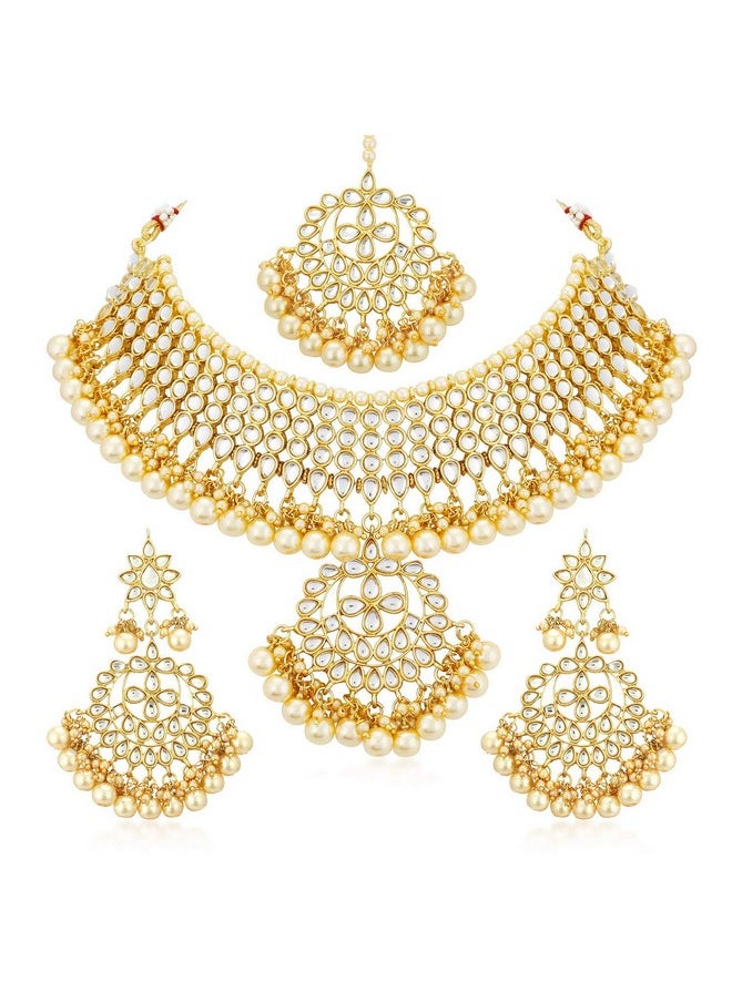 سوكهي طقم قلادة تشوكر من اللؤلؤ المطلي بالذهب من Sukkhi Trendy Kundan مع أقراط متدلية وMaangtikka للنساء والفتيات (N73544)  - Image 1