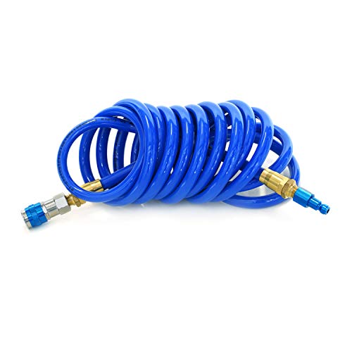 Steelman 15-Foot Coiled 3/8-Inch ID Air Hose with Reusable 1/4-Inch NPT Brass Fittings, Quick Connect Universal AMT Style Coupler and T-Style Automotive Plug, Kink Resistant Polyurethane Tubing - Image 1