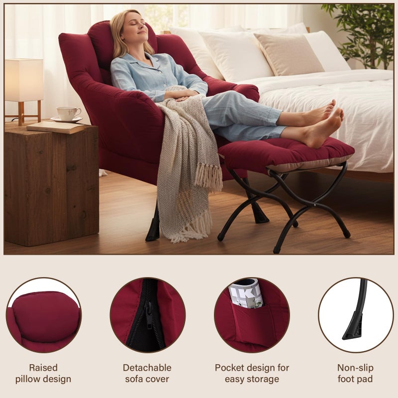 Welnow Lazy Chair with Ottoman, Modern Accent Chair with Armrests and a Side Pocket, Leisure Sofa Armchair, Reading Armchair with Footrest for Small Space, Burgundy - Image 3