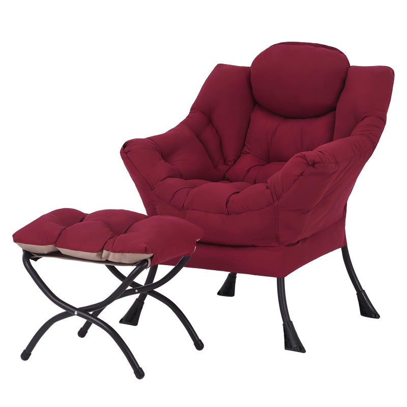 Welnow Lazy Chair with Ottoman, Modern Accent Chair with Armrests and a Side Pocket, Leisure Sofa Armchair, Reading Armchair with Footrest for Small Space, Burgundy - Image 1