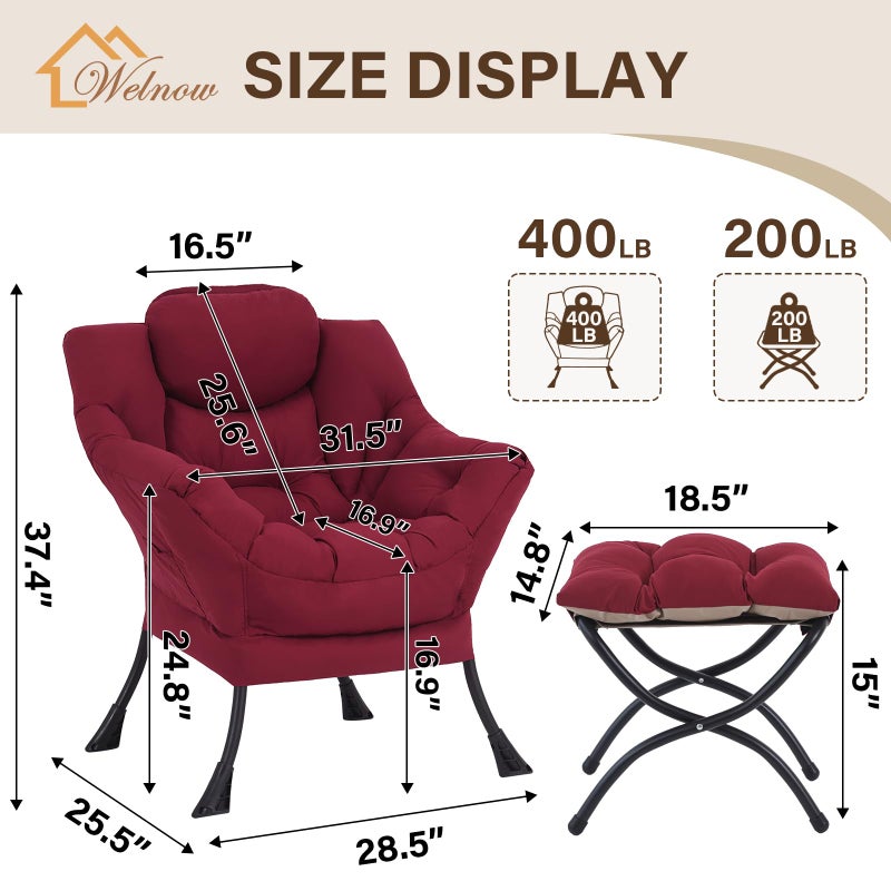 Welnow Lazy Chair with Ottoman, Modern Accent Chair with Armrests and a Side Pocket, Leisure Sofa Armchair, Reading Armchair with Footrest for Small Space, Burgundy - Image 2