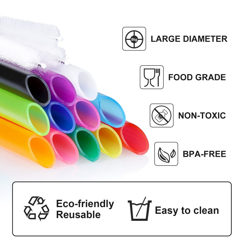 Hiware Angled Tips, 12 Pcs Wide Reusable Bubble Tea Straws with 4 Brushes - Multi Colors Jumbo Smoothie Straws, BPA FREE Plastic Straws for Bubble Tea (Tapioca, Pearls), Milkshakes - Image 3