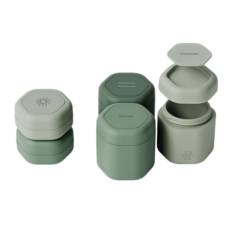 Cadence Travel Containers - Core Skincare Set - Magnetic Containers with Lids,2 Small (0.56oz) & 3 Medium (1.32oz) - Cleanser, Moisturizer, Serum, Makeup Remover & Sun Icon Labels - Evergreen - Image 1