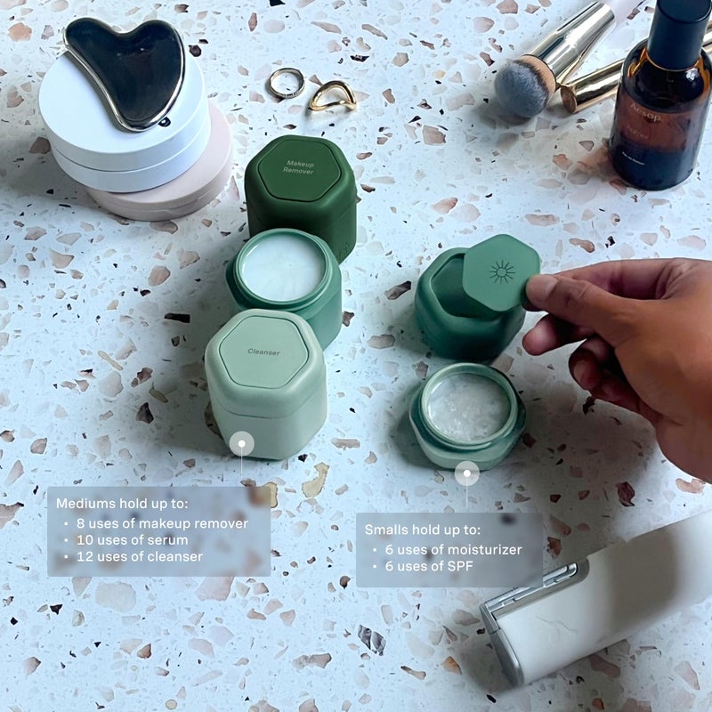 Cadence Travel Containers - Core Skincare Set - Magnetic Containers with Lids,2 Small (0.56oz) & 3 Medium (1.32oz) - Cleanser, Moisturizer, Serum, Makeup Remover & Sun Icon Labels - Evergreen - Image 4