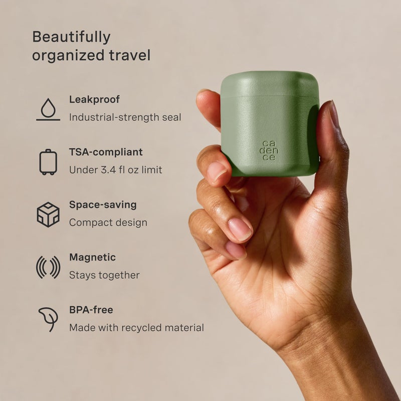 Cadence Travel Containers - Core Skincare Set - Magnetic Containers with Lids,2 Small (0.56oz) & 3 Medium (1.32oz) - Cleanser, Moisturizer, Serum, Makeup Remover & Sun Icon Labels - Evergreen - Image 3
