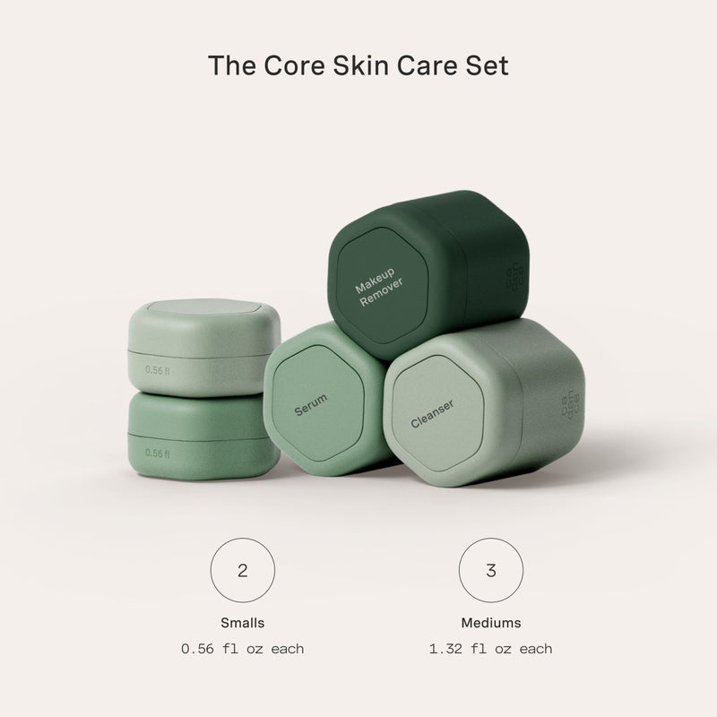 Cadence Travel Containers - Core Skincare Set - Magnetic Containers with Lids,2 Small (0.56oz) & 3 Medium (1.32oz) - Cleanser, Moisturizer, Serum, Makeup Remover & Sun Icon Labels - Evergreen - Image 2