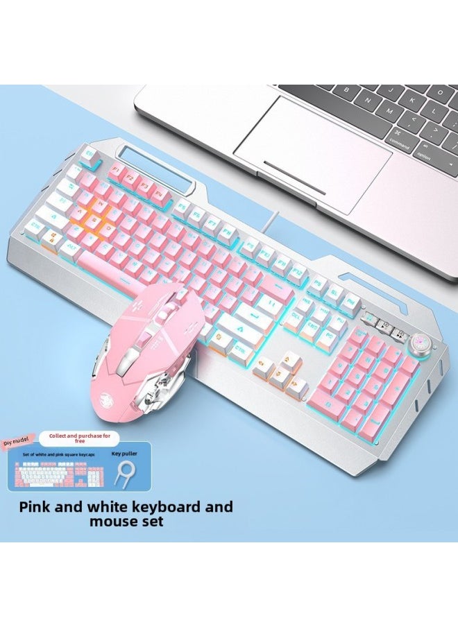 Generic - Forerunner TK900 Mechanical Keyboard Wired Mouse Suit Game Computer Electronic Competition Green Axis Wireless Keyboard Mouse Special-Color:Pink White [blue Light Green Shaft] Multi-function Knob + E-race Macro Mouse - Image 1
