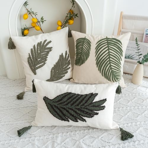 VANNCIO Linen Green Leaf Throw Pillow Cover Square Pillowcase with Tufted Tropical Palm Leaves Modern Decorative Cushion Sham for Rustic Spring Summer Home Outdoor Decor 18x18 inches 1PCS - Image 3