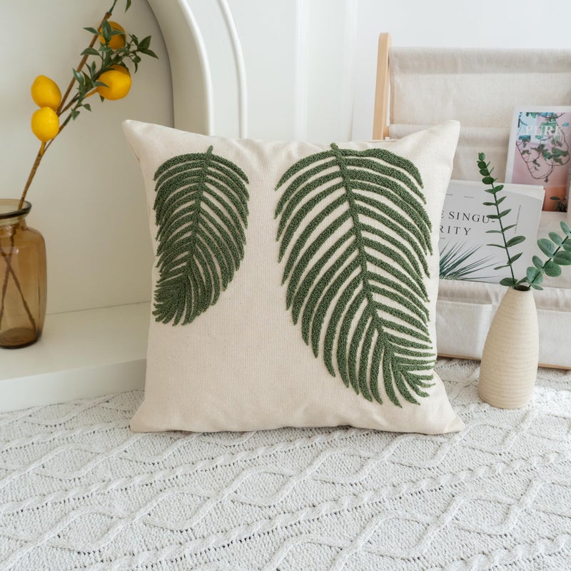 VANNCIO Linen Green Leaf Throw Pillow Cover Square Pillowcase with Tufted Tropical Palm Leaves Modern Decorative Cushion Sham for Rustic Spring Summer Home Outdoor Decor 18x18 inches 1PCS - Image 2