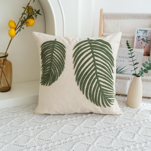 VANNCIO Linen Green Leaf Throw Pillow Cover Square Pillowcase with Tufted Tropical Palm Leaves Modern Decorative Cushion Sham for Rustic Spring Summer Home Outdoor Decor 18x18 inches 1PCS - Image 1