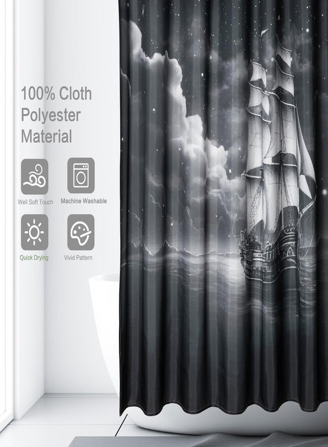 Lokigo Nautical Sailboat Shower Curtain, Marine Theme Sea Ocean Coastal Pirate Ship Anchor Sailor Moon Star Waves Curtains, Waterproof Fabric Shower Curtains Bath Decor, 72" x 72", Black & White - Image 2
