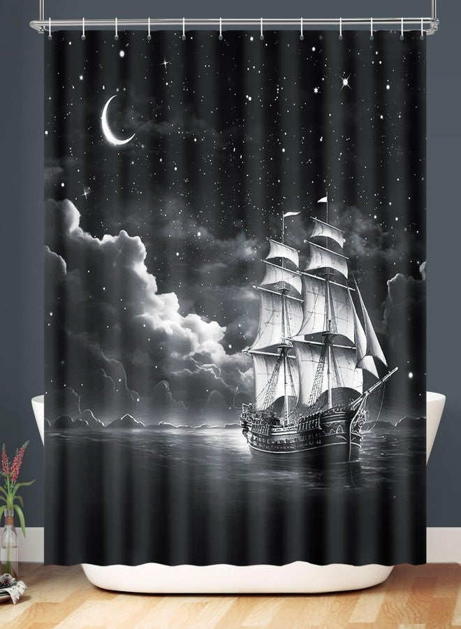 Lokigo Nautical Sailboat Shower Curtain, Marine Theme Sea Ocean Coastal Pirate Ship Anchor Sailor Moon Star Waves Curtains, Waterproof Fabric Shower Curtains Bath Decor, 72" x 72", Black & White - Image 1