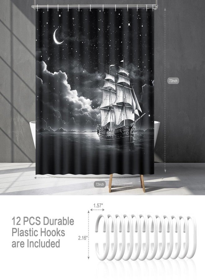 Lokigo Nautical Sailboat Shower Curtain, Marine Theme Sea Ocean Coastal Pirate Ship Anchor Sailor Moon Star Waves Curtains, Waterproof Fabric Shower Curtains Bath Decor, 72" x 72", Black & White - Image 5