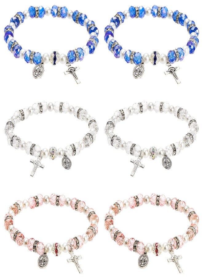 Coloch 6 Pack Women's Rosary Bead Stretch Bracelet, Crystal Cross Bracelet with Crucifix and Miraculous Medal, 3 Colors - Image 1