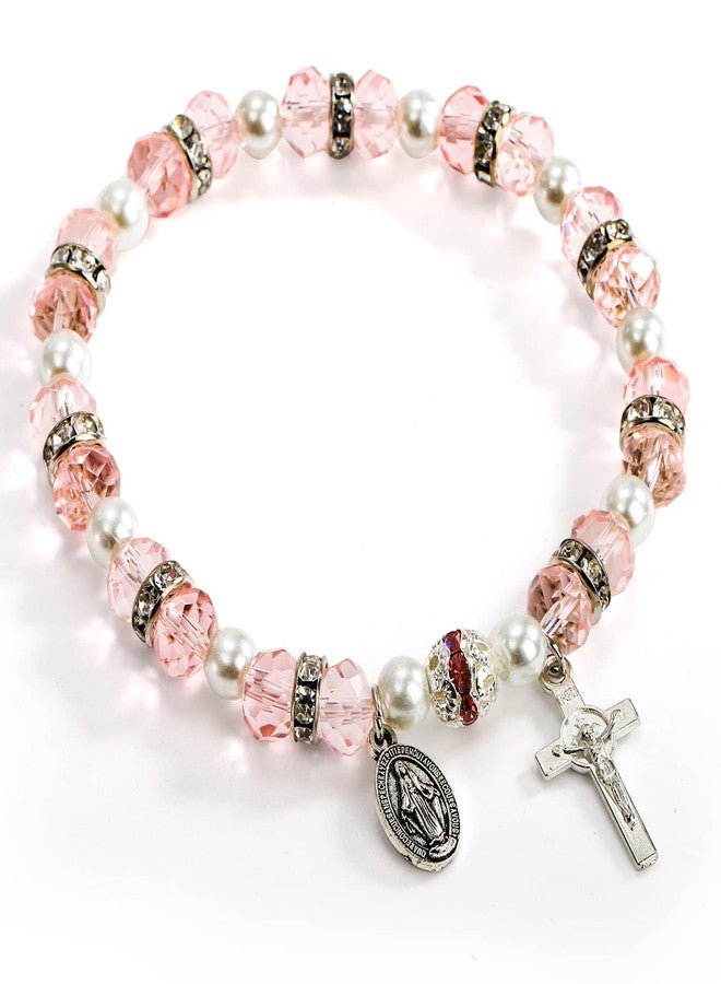 Coloch 6 Pack Women's Rosary Bead Stretch Bracelet, Crystal Cross Bracelet with Crucifix and Miraculous Medal, 3 Colors - Image 3