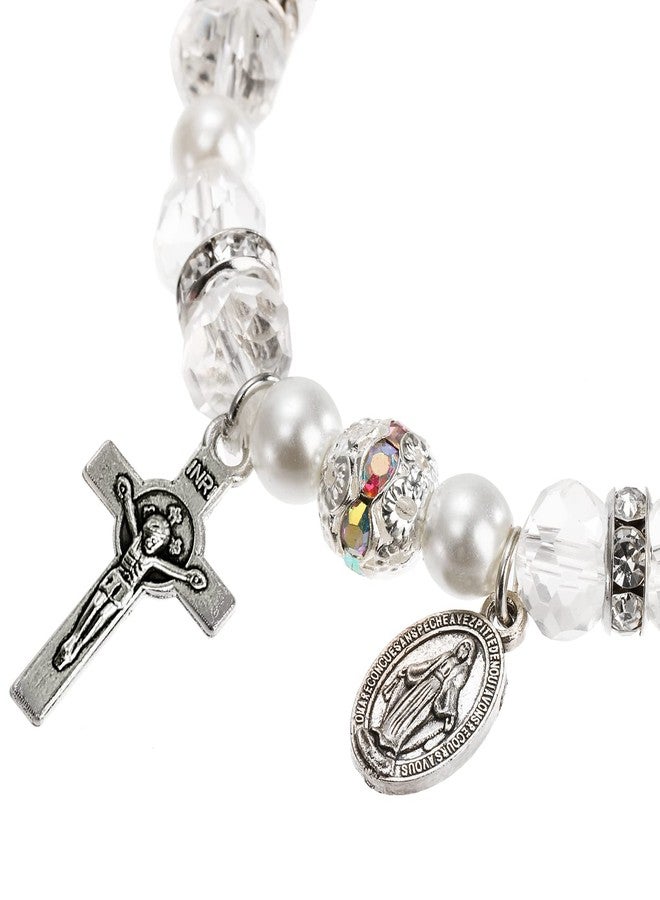 Coloch 6 Pack Women's Rosary Bead Stretch Bracelet, Crystal Cross Bracelet with Crucifix and Miraculous Medal, 3 Colors - Image 4