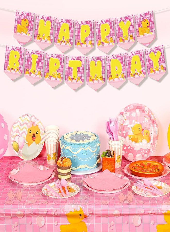 Yoande 194 Pcs Duck Birthday Party Supplies Pink Rubber Duck Tableware Set Include Pink Plates Napkins Cups Knives Forks Spoons for Kids Girl Boy Baby Shower Tableware Set Serves 24 - Image 4
