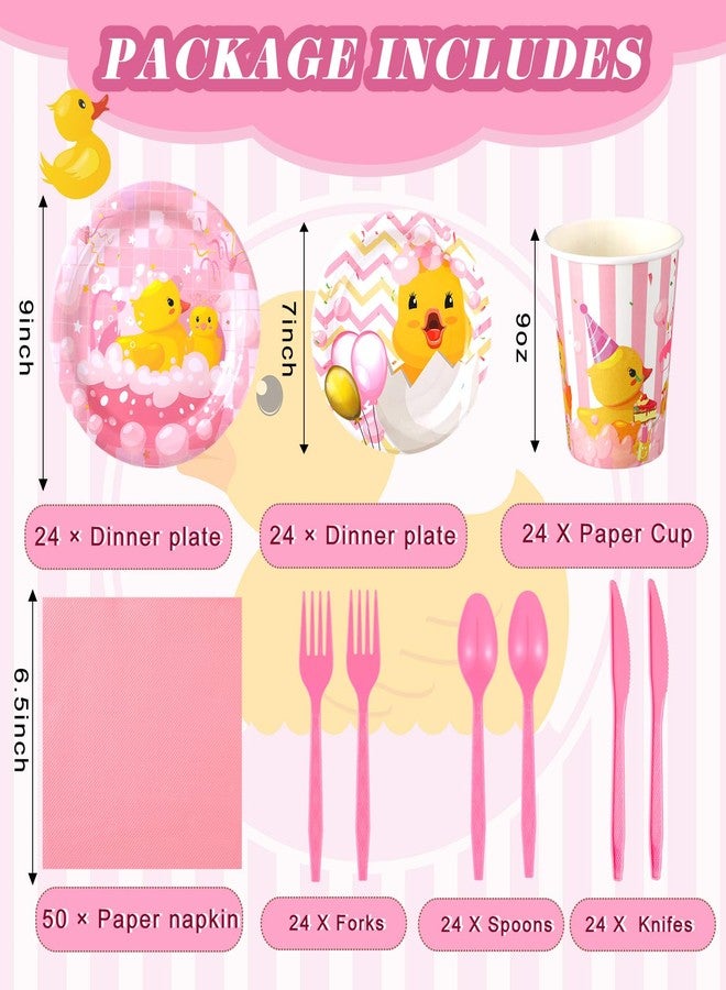 Yoande 194 Pcs Duck Birthday Party Supplies Pink Rubber Duck Tableware Set Include Pink Plates Napkins Cups Knives Forks Spoons for Kids Girl Boy Baby Shower Tableware Set Serves 24 - Image 2