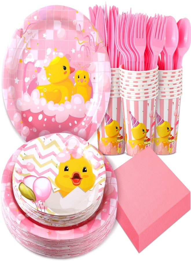 Yoande 194 Pcs Duck Birthday Party Supplies Pink Rubber Duck Tableware Set Include Pink Plates Napkins Cups Knives Forks Spoons for Kids Girl Boy Baby Shower Tableware Set Serves 24 - Image 1