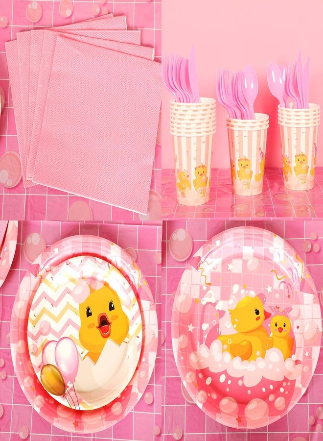 Yoande 194 Pcs Duck Birthday Party Supplies Pink Rubber Duck Tableware Set Include Pink Plates Napkins Cups Knives Forks Spoons for Kids Girl Boy Baby Shower Tableware Set Serves 24 - Image 3