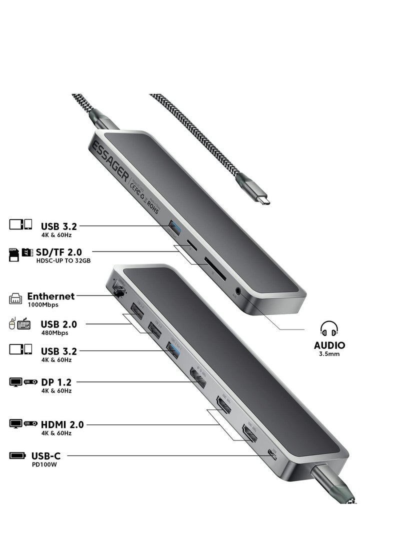KASTWAVE - موزع USB C، محطة إرساء USB C للكمبيوتر المحمول ثلاثية العرض، قاعدة USB C 12 في 1 مع منفذ HDMI مزدوج، VGA، PD3.0، فتحة بطاقة SD TF، 4 منافذ USB، محول شاشة مزدوجة متوافق مع MacBook وWindows - Image 1