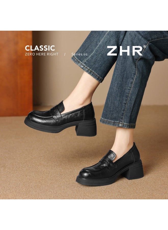 Zhr Zese Women's Spring New Retro Thick Sole Chunky Heel Slip-on Elevation Loafers Jf386 Black 38 - Image 3