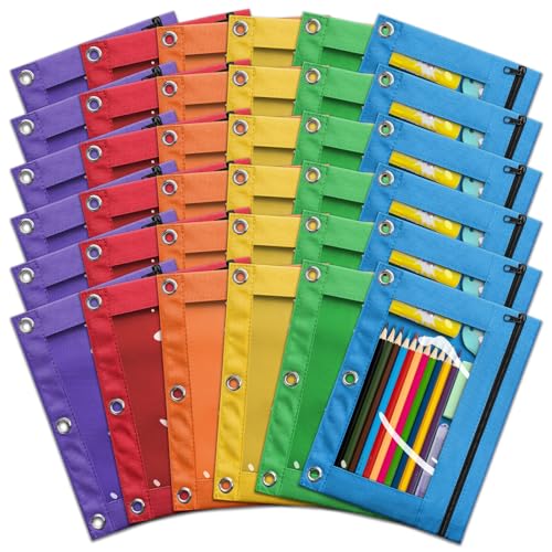 V-Opitos Pencil Pouch for 3 Ring Binder, Bulk 36 Pack 3-Holes Zipper Pencil Pouches in Assorted Colors, Sturdy and Durable Cloth Pencil Holder with Clear Window for Office School College Supplies (36) - Image 1